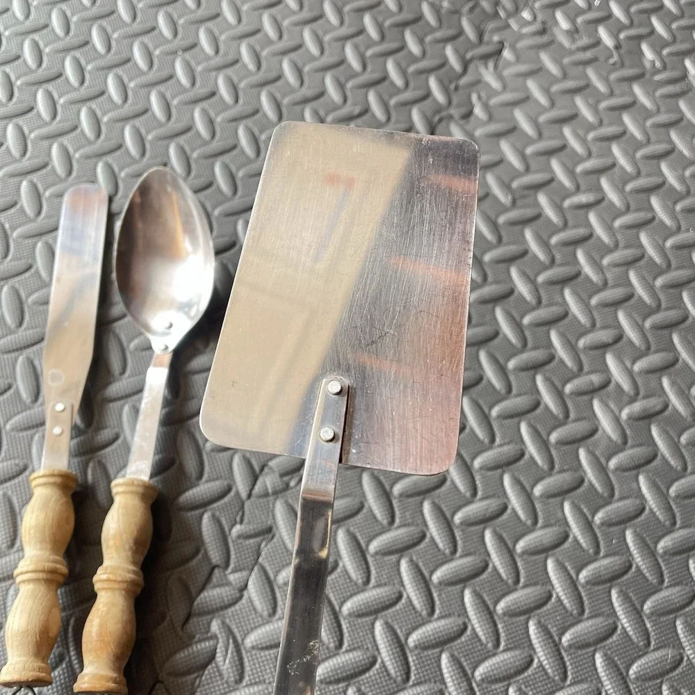 Vintage 3‎ pc MCM Wood Bar Ware Utensil Spoon Spatula Set Stainless Steel Japan